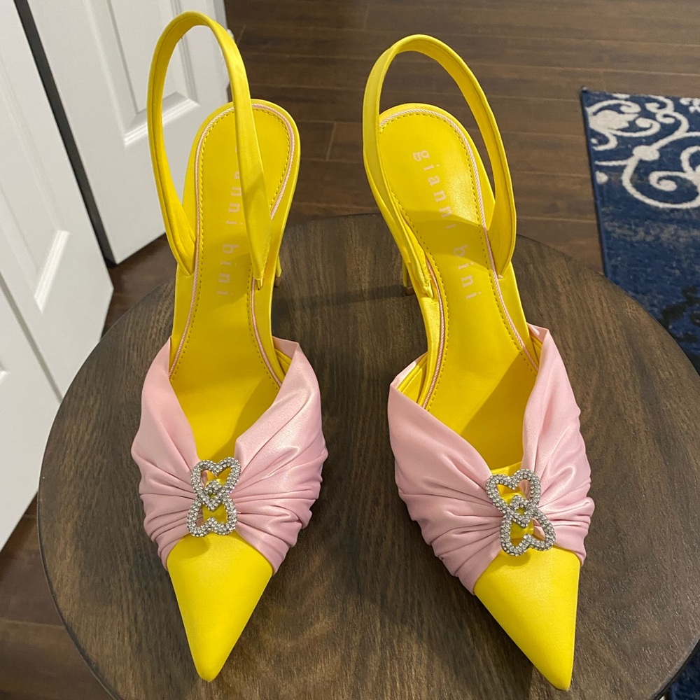 Gianni Bini Michah Satin Pink and Yellow Slingback Heels